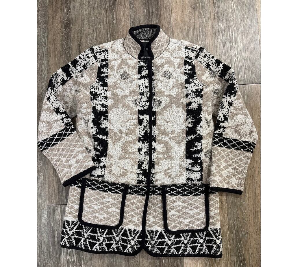 NIC+ZOE Snap Front Knit Jacket Womens M Beige Black Patterned Pockets